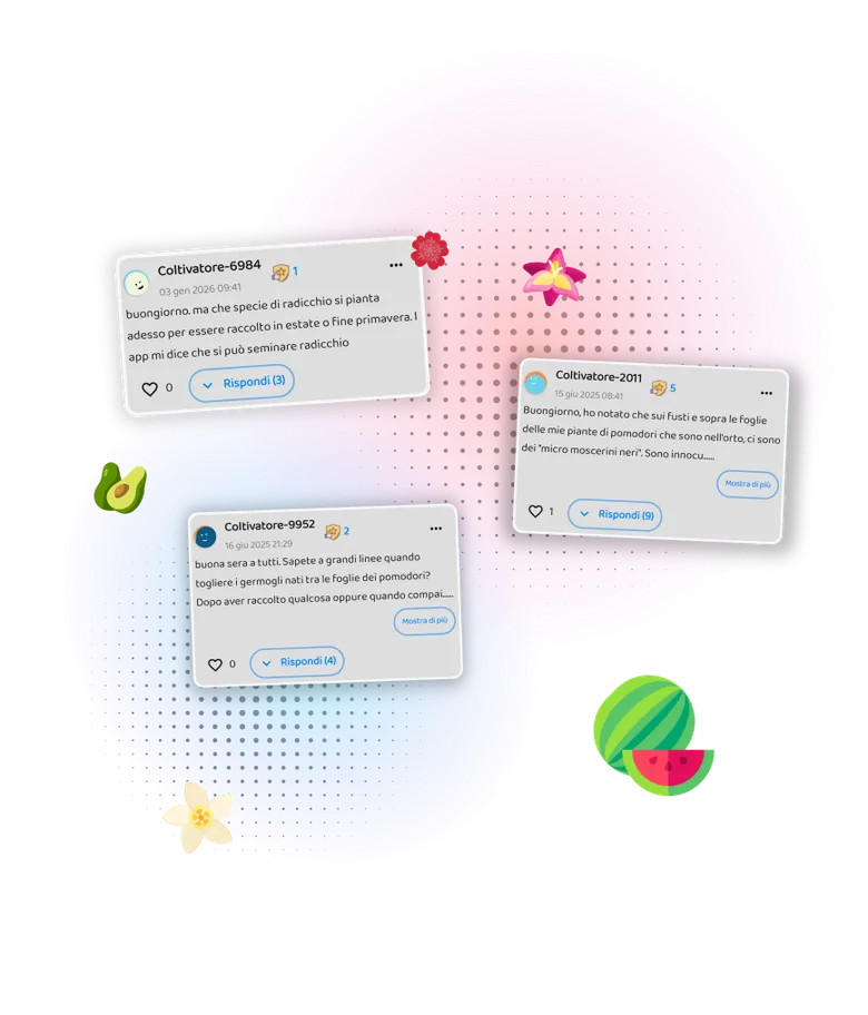 Community dell'app: coltivatori che si scambiano consigli su ortaggi, frutti e fiori