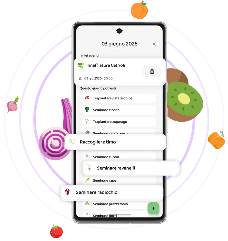 Calendario dell'app con eventi personalizzati e notifiche per l'orto
